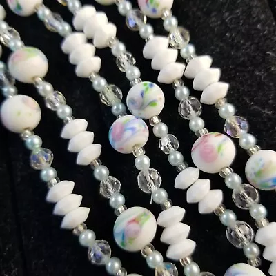 Vtg Japan 1950s Pastel Millefiori White Glass Bead Triple Strand Bib Necklace  • $9.99