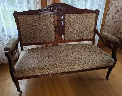 Antique Victorian Settee Carved Mahogany Love Seat Tapestry Fabric Wheels • $200