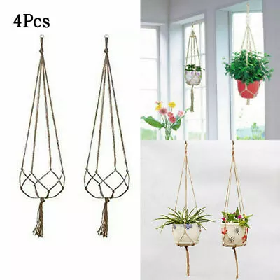 4pcs Macrame Jute Plant Hanger Flower Pot Holder Wall Art Garden Hanging Rope • £4.59