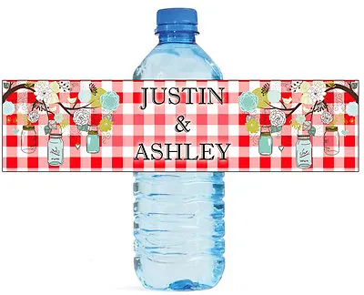 100 Red Gingham & Mason Jars Wedding Anniversary Engagement Party Water Labels • £23.10