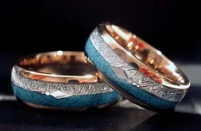 Matching Rings Set Rose Gold Tungsten Ring Turquoise And Meteorite Inlay 8mm • $511