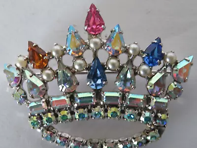 Vintage B DAVID?  Multicolor Rhinestone Faux Pearl CROWN Brooch Pin ROYAL Beauty • $12