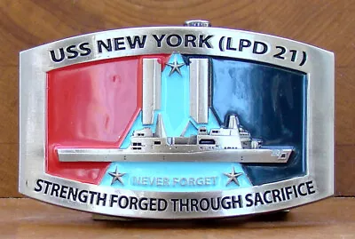 USS New York (LPD-21) Belt Buckle  Strength Through Sacrifice  Antique Silver • $30