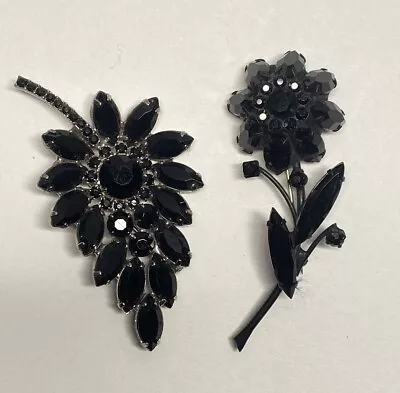 2x Vintage Unsigned Black Rhinestone Brooches Leaf/Flower 3  • $49