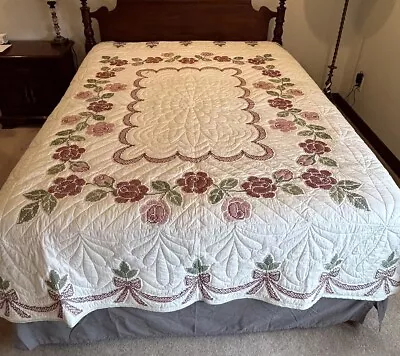 Vtg Hand Embroidery & Finely Quilted 96” X 80” Quilt Excellent Cond Never Used  • $120