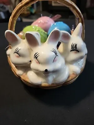 Vintage Ceramic White Bunny Rabbit Easter Basket With Eggs Ceramic • $14.99