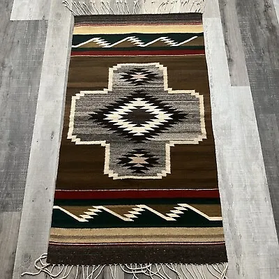 $159 • Buy VTG Handwoven Brown Zapotec Dazzler Cross Aztec Wool Rug Saddle Blanket 58.5x32