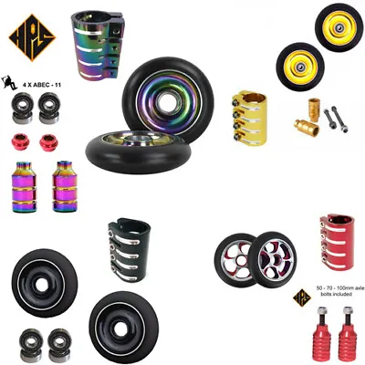 STUNT SCOOTER SET 100mm 110mm 2 X WHEELS QUAD CLAMP PEGS  AXLES ABEC 11 BEARINGS • £39.99