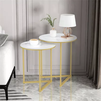 Gold Metal Nesting Tables Stackable Set Of 2 End Tables Side Tables Marble Top • $79.93