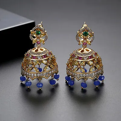 Indian Jhumka Bollywood Jhumki Gold Plated Crystal Beads Drop Earrings Wedding • $24.15
