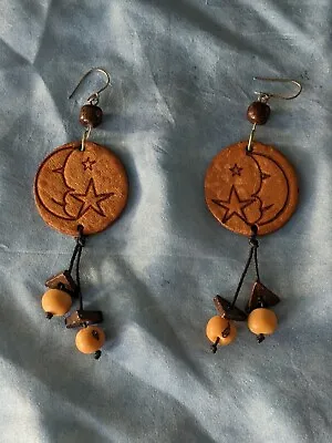 Leather Crescent Moon And Stars Earrings Handmade Dangle Boho Brown Beads Hooks • $5
