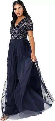 Maya Deluxe Bridesmaid Maxi Dress UK16 Short Sleeve Sequin Evening Ball Gown • £26.50