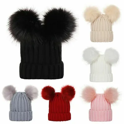 Newborn Knit Warm Winter Kids Hat Boy Girl Bobble Beanie Baby Double Fur Pom Cap • $6.59