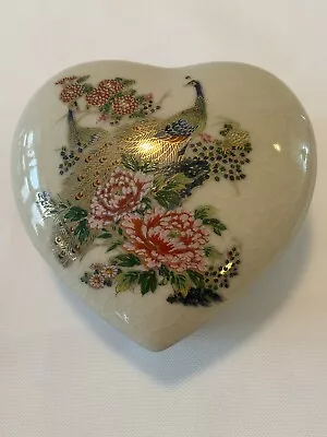 Vintage Asian Porcelain Heart Shaped Peacock Floral Ring/Trinket Box DL Japan • $12