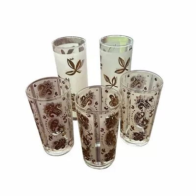 Mid Century Vintage Frosted With Gold Leaf Pattern Set Of 5 Glasses 3 Tall • $29