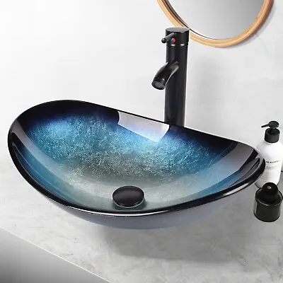 £68.99 • Buy Tempered Glass Bathroom Basin Sink Countertop Cloakroom Boat Shape Wash Bowl Set