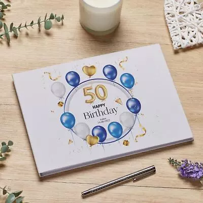 Personalised Large A4 50th Birthday Linen Guest Book Blue Balloons LLGB-72 • £20.99