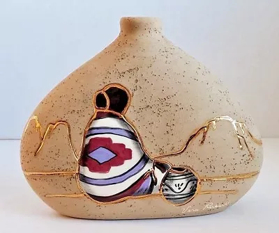 Vera Russell Pottery Art Vase 22 Karat Gold Inlay Southwest Native Woman Signed • $65