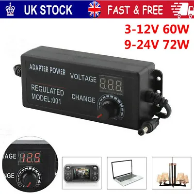 3v/24v Adjustable AC/DC Electrical Power Supply Adapter Charger Variable Voltage • £9.59