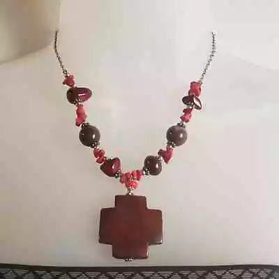 Red Jasper Stone & Coral Pendant Necklace & Earring Set Square Cross • $18.49