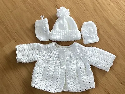 Baby New Hand Knit/crochet  Cardigan/matinee Coat Hat And Mitts   NEWBORN • £16