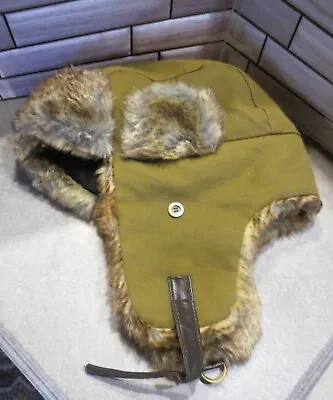 VTG Woolrich Trapper Hat/Aviator Cap Style Size  L/XL Green Duck Canvas Fur Trim • $19.95