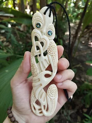 Maori Tiki Large Pendant Hand Carved Bone Abalone Eyes New Zealand • $110