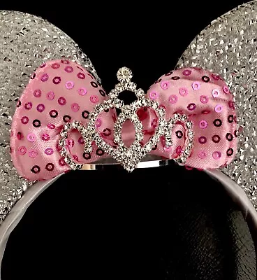 Minnie Mouse Ears Headband Princess Rhinestone Tiara Silver With Pink Bow Party  • $7.99