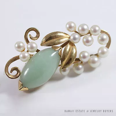 Ming's Hawaii Natural Green Jade Shape & Pearl Branch 14k Yellow Gold Brooch • $750