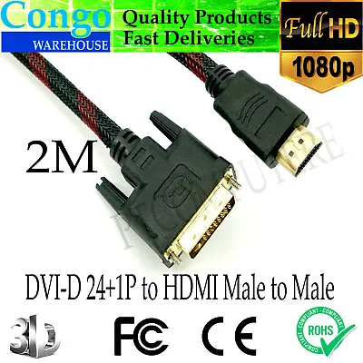 $14.85 • Buy 2M DVI-D 24+1 Male  To HDMI Male Cable Full HD Gold-Plated Braided TV Monitor 