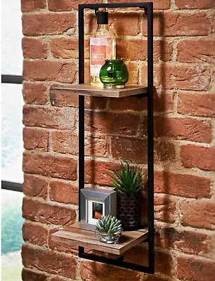 Narrow 2 Tier Shelf Black Metal Frame With Wooden Shelf Floating Wall Home Decor • £23.99