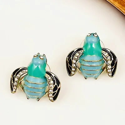 Vintage Whimsical BUMBLE BEE Earrings Rhinestone Gold Black Blue Enamel 1410 • $29.98