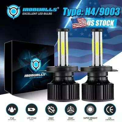 Ironwalls 6-Side H4 9003 COB LED Headlight Bulbs Kit Dual Beam Bright White • $26.99