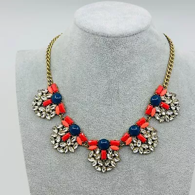 J. Crew Statement Necklace Crystal Flower Petals Red Coral Pink Blue Gold Tone • $29.95