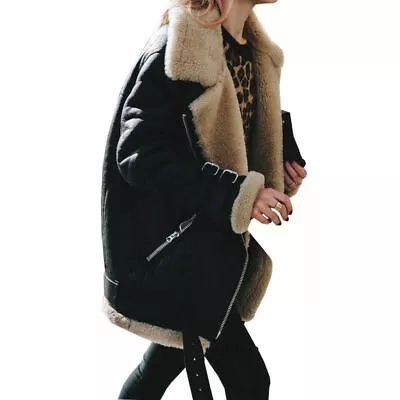 £32.99 • Buy Womens Fleece Fur Jacket Coat Zip Biker Aviator Lapel Shearling Winter Warmer