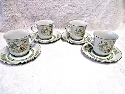 Mikasa Kabuki Cup Saucer Sets Green Band Floral Japan L9011 4 Sets • $14.83