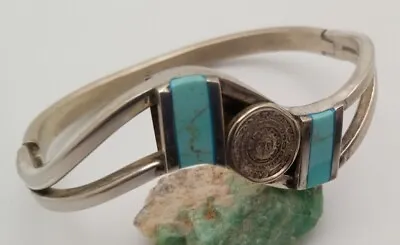 Vintage Sterling Silver Mexico Mayan Aztec Calendar Turquoise Cuff~ • $49