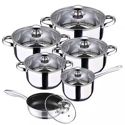 12Pc Stainless Steel Casserole Saucepan Stock Pot Set Kitchen Induction Cookware • £42.85