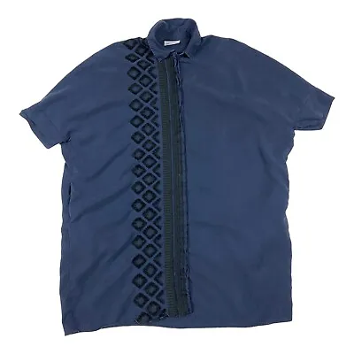 Megan Park Large Dress Tencel Navy Blue Embellished Shift Shirt Style • $88