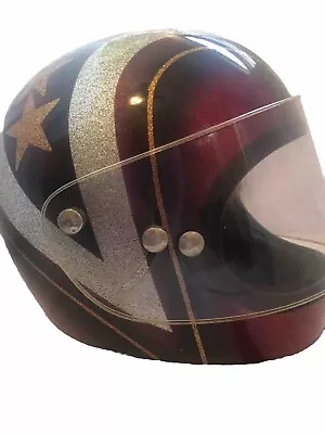 Vintage KRW 5000 Metalflake Red Silver Gold Stars Motorcycle Helmet 1970s Retro • $115.99