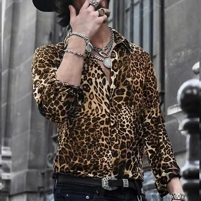 Fashion Mens Leopard Print Lapel Casual Loose Button Slim Long-Sleeve Tops Shirt • $23.16