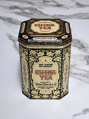Vintage Thomas Martin & Co China Tea Storage Tin Black Gold Floral Design 6  • $14.99