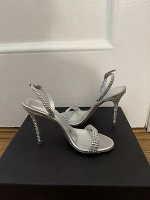 MINT ZANOTTI Silver Leather High Heel Sandals Size 37 US 7 W/ Rhinestones • $69