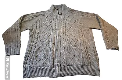 Grey Oatmeal Cable Knit Fisherman's Men's L Zip Funnel-Neck Cardigan Sweater • $28