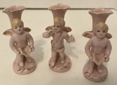 Vintage 3pc Miniature 2 3/4  Porcelain Pink Angel Cherub Bud Vase • $15.99