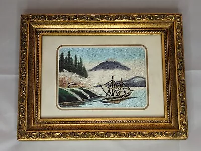 Vintage Embroidered Silk Thread Picture Nautical Mountain Forest Gold Frame 5x7  • $27.99