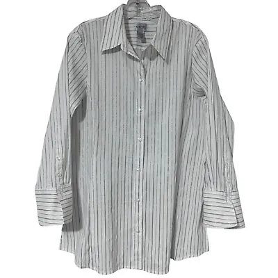 Chico’s Button Up Shirt Large Metallic Stripe White Black Career Office F4 • $9.94
