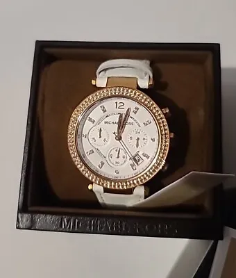 Michael Kors MK2281 Parker Rose Gold White Leather Watch Women NWT Chronograph • $119.99