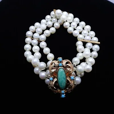 18K Yellow Gold Vintage Turquoise Clasp Cultured Pearl Triple Strand Bracelet 7  • $949.99