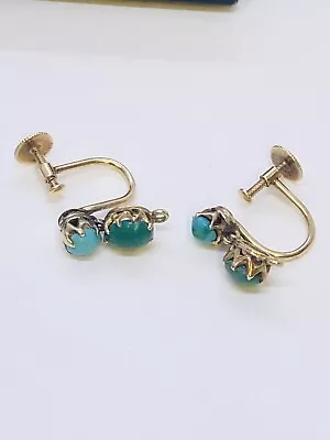 Antique Victorian 9ct Gold Turquoise Earrings Screw Back Stamped 9ct • £109